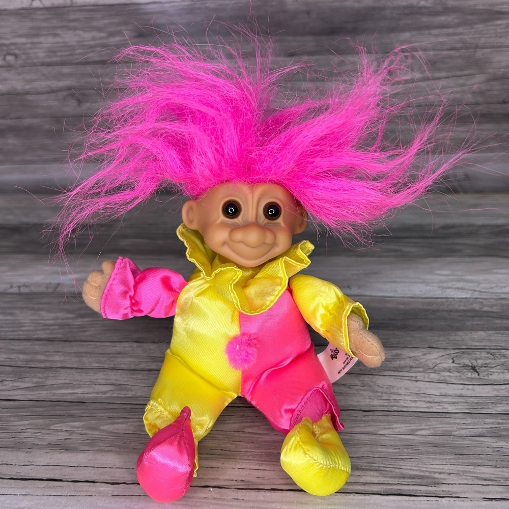Russ Troll Jester Clown Doll Plush Pink Hair 90s Vintage‎ y2k Yellow